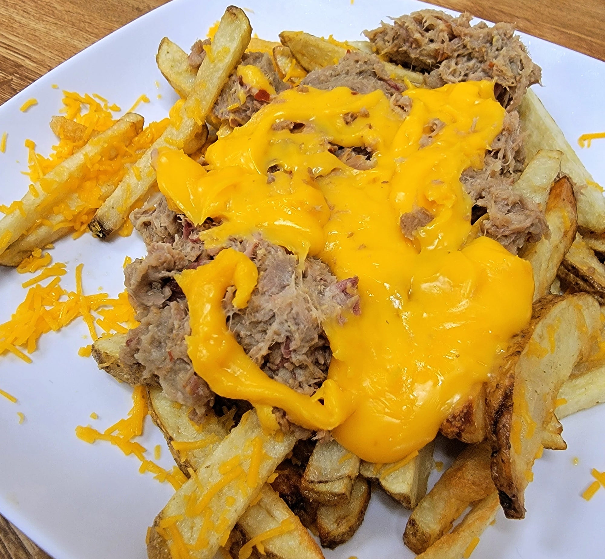 Bright Leaf Loaded Homemade Fries with Pulled Pork and Nacho Cheese