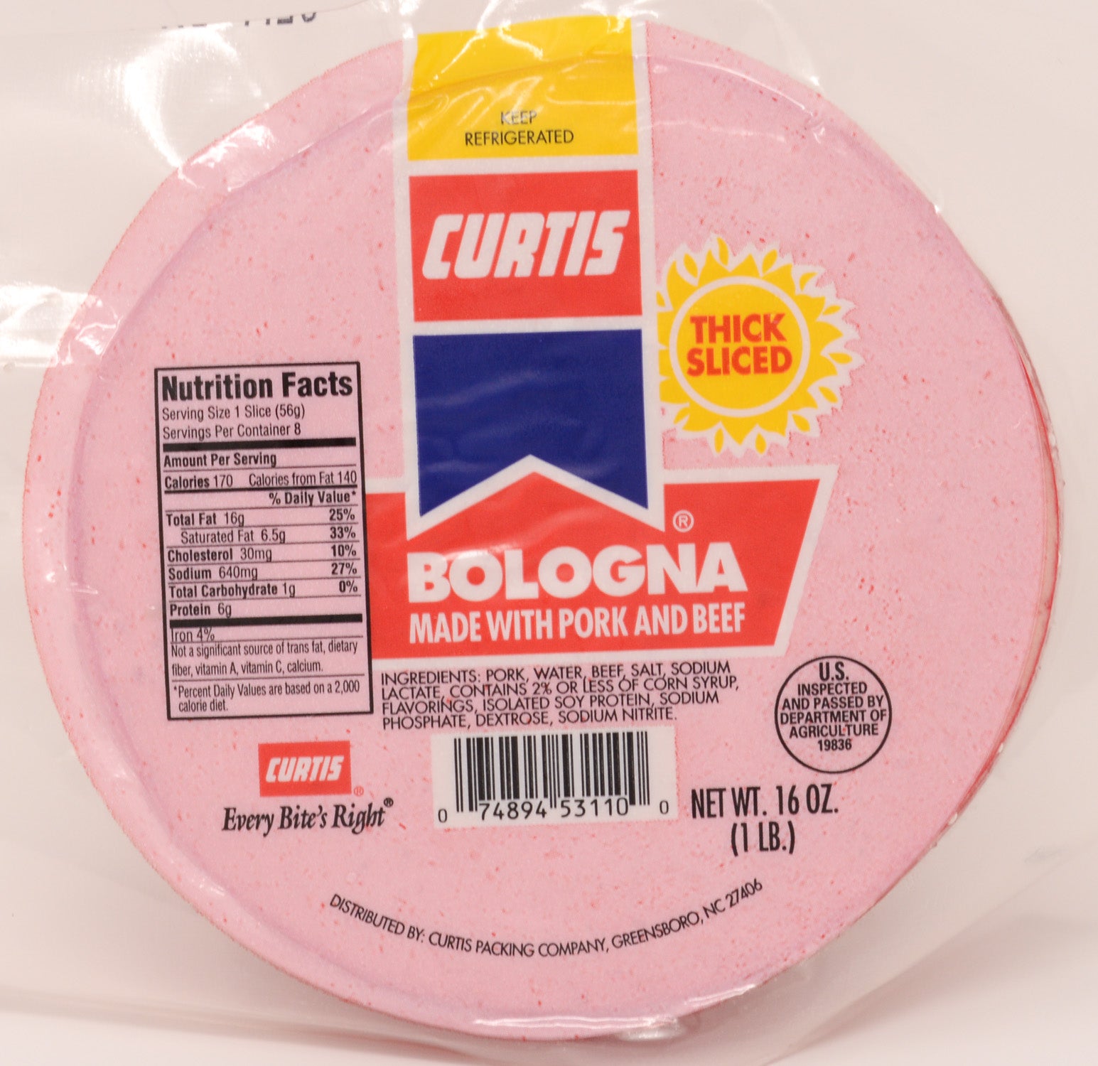 Curtis 1 lb. THICK Sliced Bologna (5 - packages)