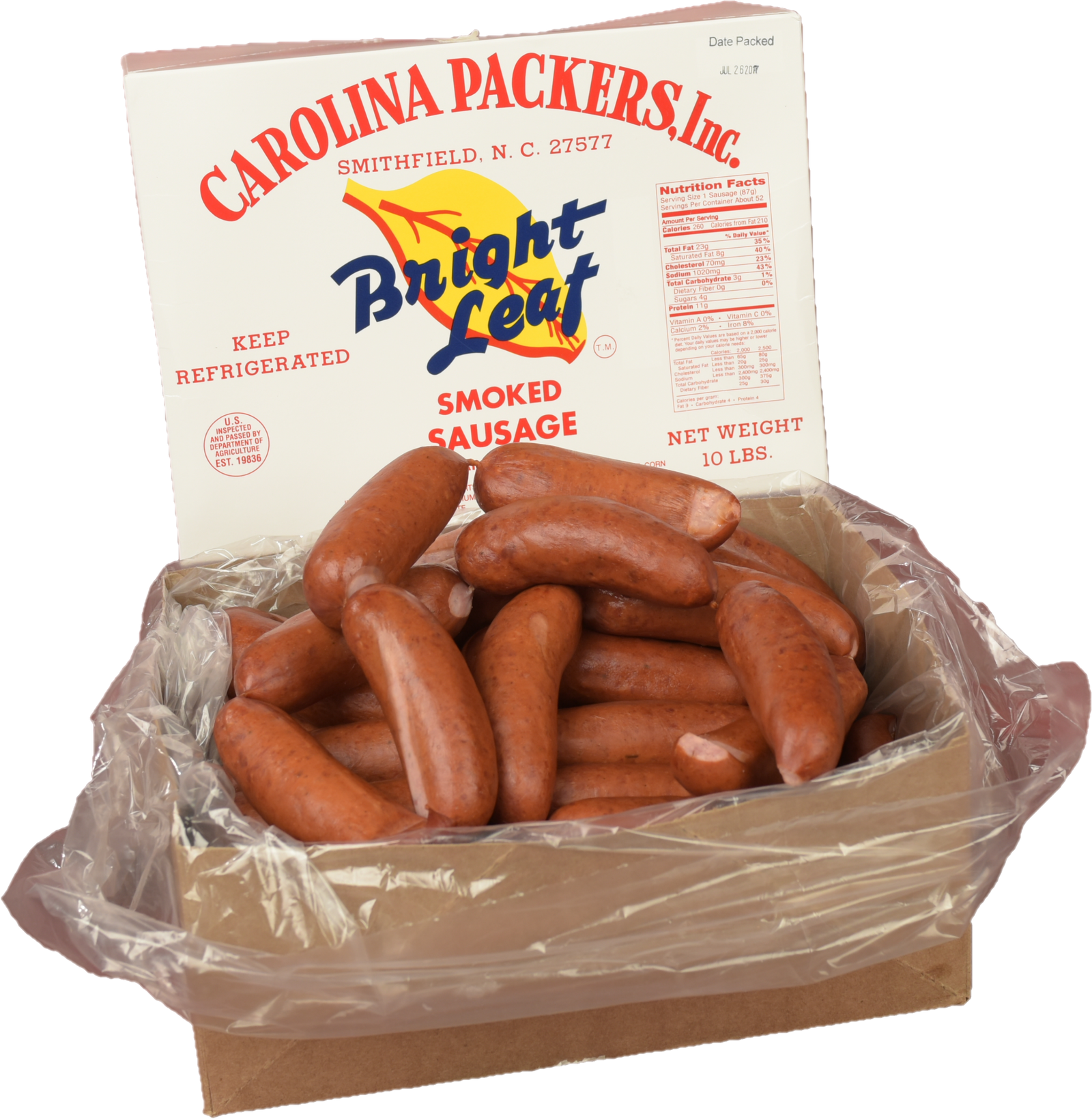 Bright Leaf Smoked Sausage 10 LB Box